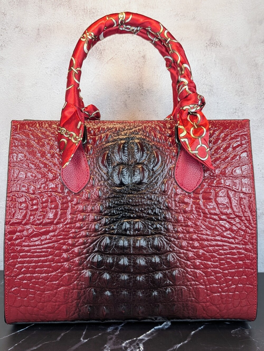 Red Croc-Embossed Leather Tote Bag with Scarf-Wrapped Handles